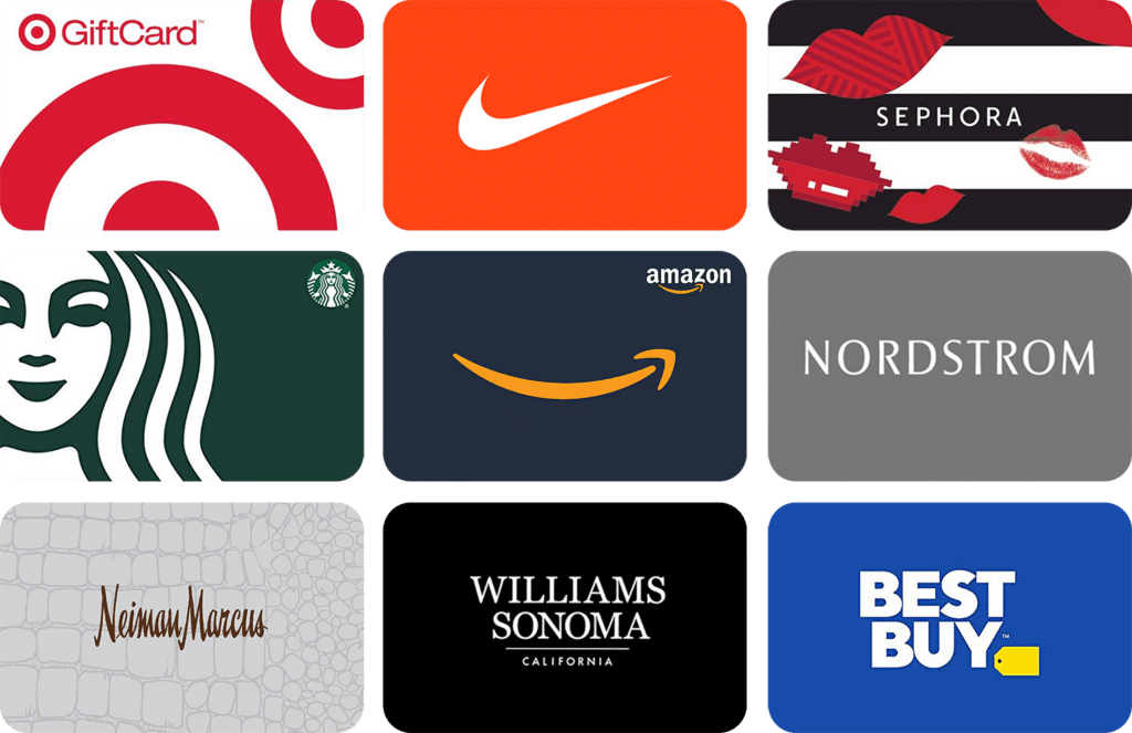 Collection of popular gift cards including those from GiftCardMall