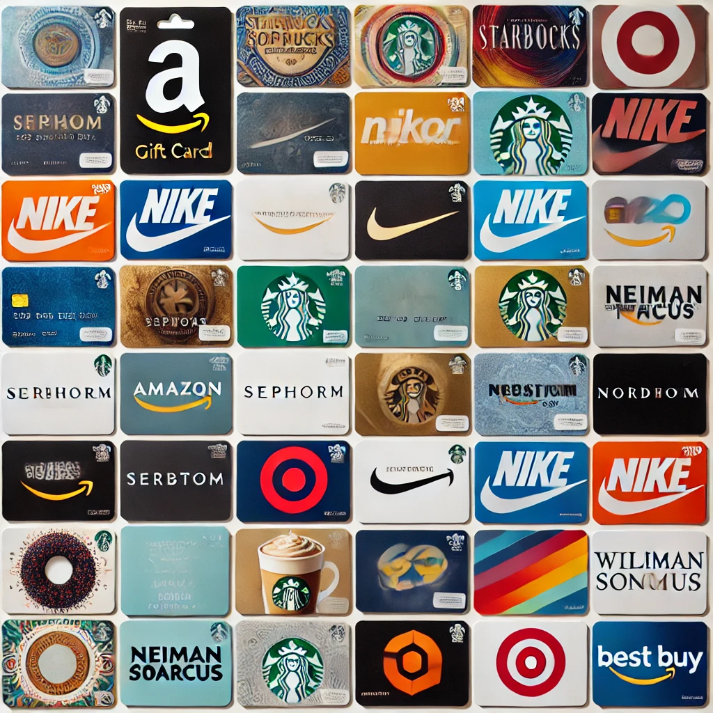 Collection of premium gift cards including Target, Nike, Sephora, Starbucks, Amazon, Nordstrom, Neiman Marcus, Williams Sonoma, and Best Buy